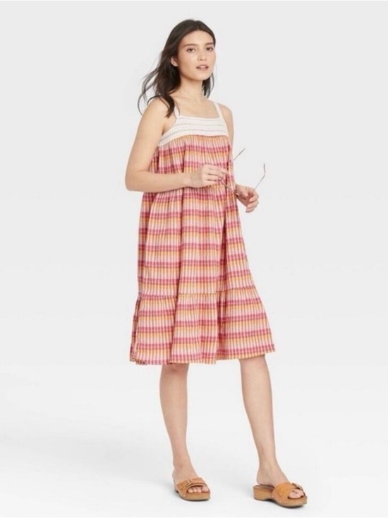 Universal Thread Dresses & Skirts - Universal Thread pink plaid square neck crochet trim sundress XL